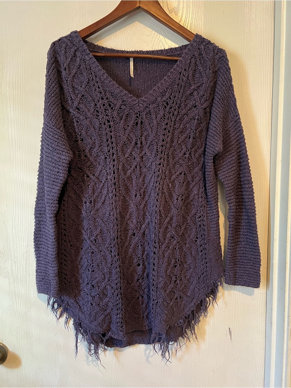 Free People Cross My Heart Cable Knit Sweater Purple Long Sleeve Raw Hem Sz M